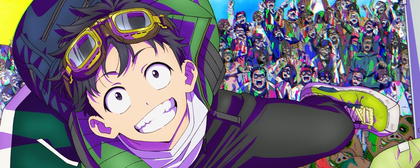 Visual for Zom 100: Bucket List of the Dead that depicts Akira Tendo grinning widely as he escapes from a horde of zomibies