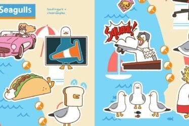 Artwork by Toodlingart that depicts a variety of adorable seagulls, including one dressed as Miles Edgeworth, and one dressed as Barbie