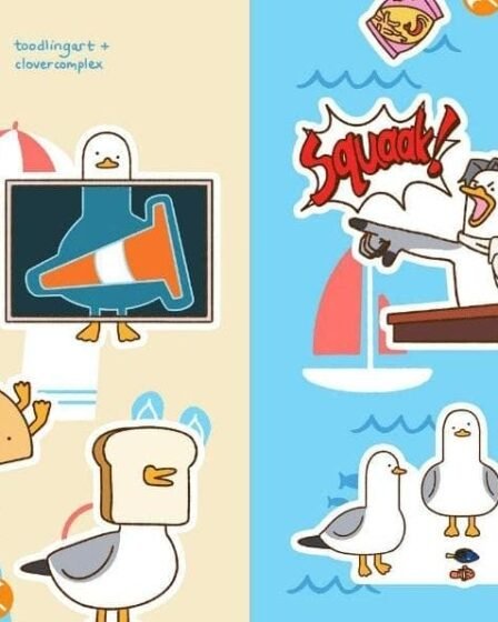 Artwork by Toodlingart that depicts a variety of adorable seagulls, including one dressed as Miles Edgeworth, and one dressed as Barbie