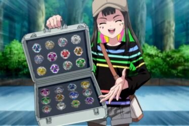 Screenshot from Beyblade X that features a girl wearing a hat and a striped shirt smiling as she holds an open case of Beyblade tops