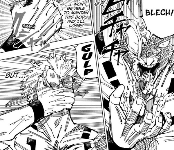 Sukuna throws his fingers up and eats them again in JJK 263