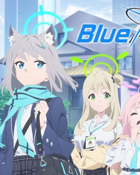 Promotional visual for Blue Archive the Animation that depicts five girls in casual outfits walking along a suburban street. Each has a color-coded halo of light above their heads.