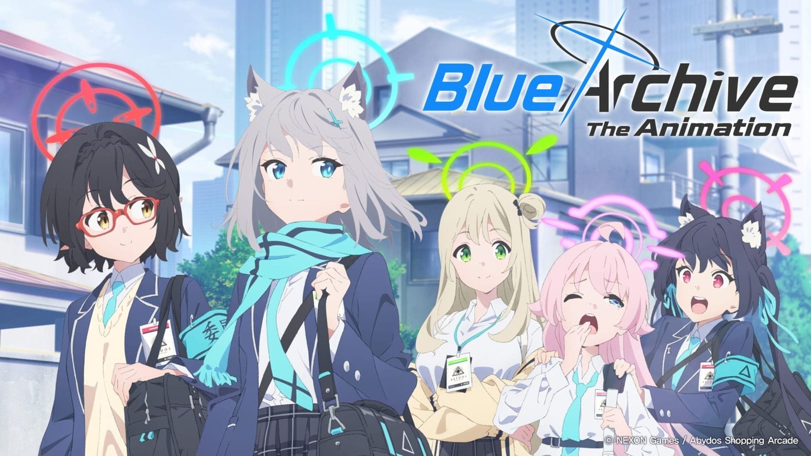 Promotional visual for Blue Archive the Animation that depicts five girls in casual outfits walking along a suburban street. Each has a color-coded halo of light above their heads.