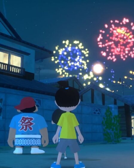 Screenshot from Natsu-Mon: 20th Century Summer Kid that depicts a group of people watching a firewalks show.