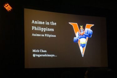 Photograph of a PowerPoint slide that reads "Anime In The Philippines: Anime sa Pilipinas Mich Chan @togarashimayo..."