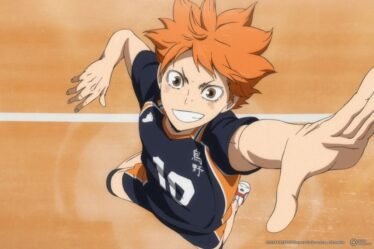 Screenshot from Haikyu!! The Dumpster Battle that depicts Shoyo Hinata, an orange-haired teenage boy wearing a blue-and-orange volleyball jersey, grinning as he jumps up toward the camera