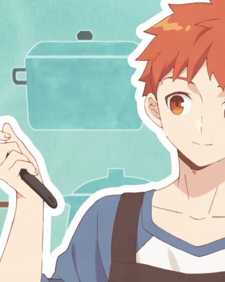 Closeup shot of Emiya Shirou holding a soup ladle against a bright teal backdrop